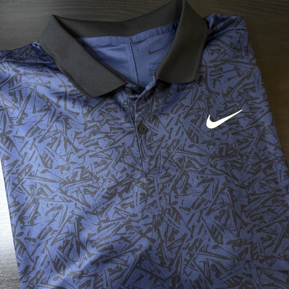Nike Dri Fit Polo Shirt Mens XL Blue Black Swoosh AOP Pattern Performance Golf